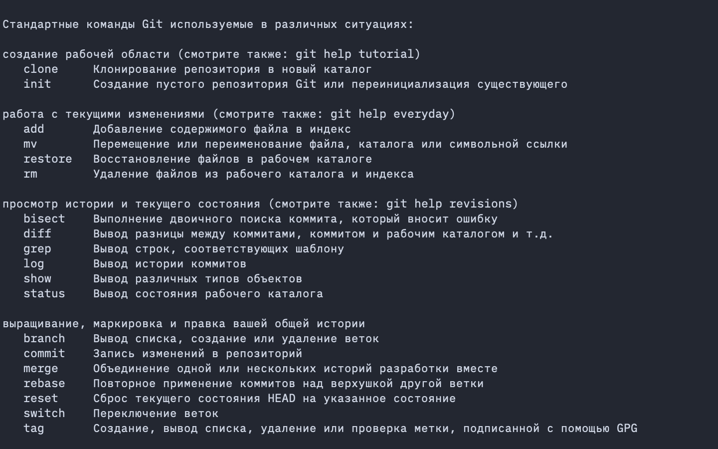 Справочная документация по Git после ввода команды git help в терминале 